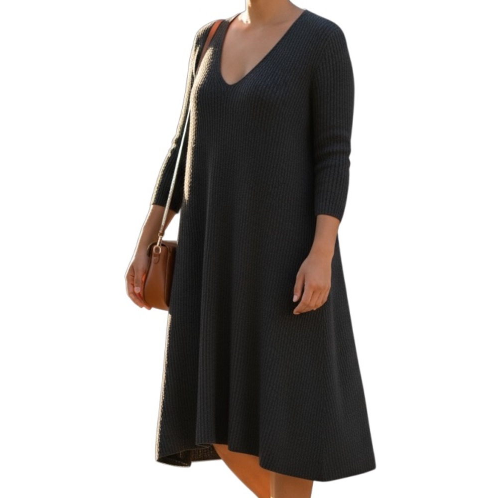 Lane Bryant Charcoal Heather Grey  Ribbed Knit Aline V-Neck Sweater Dress 14/16